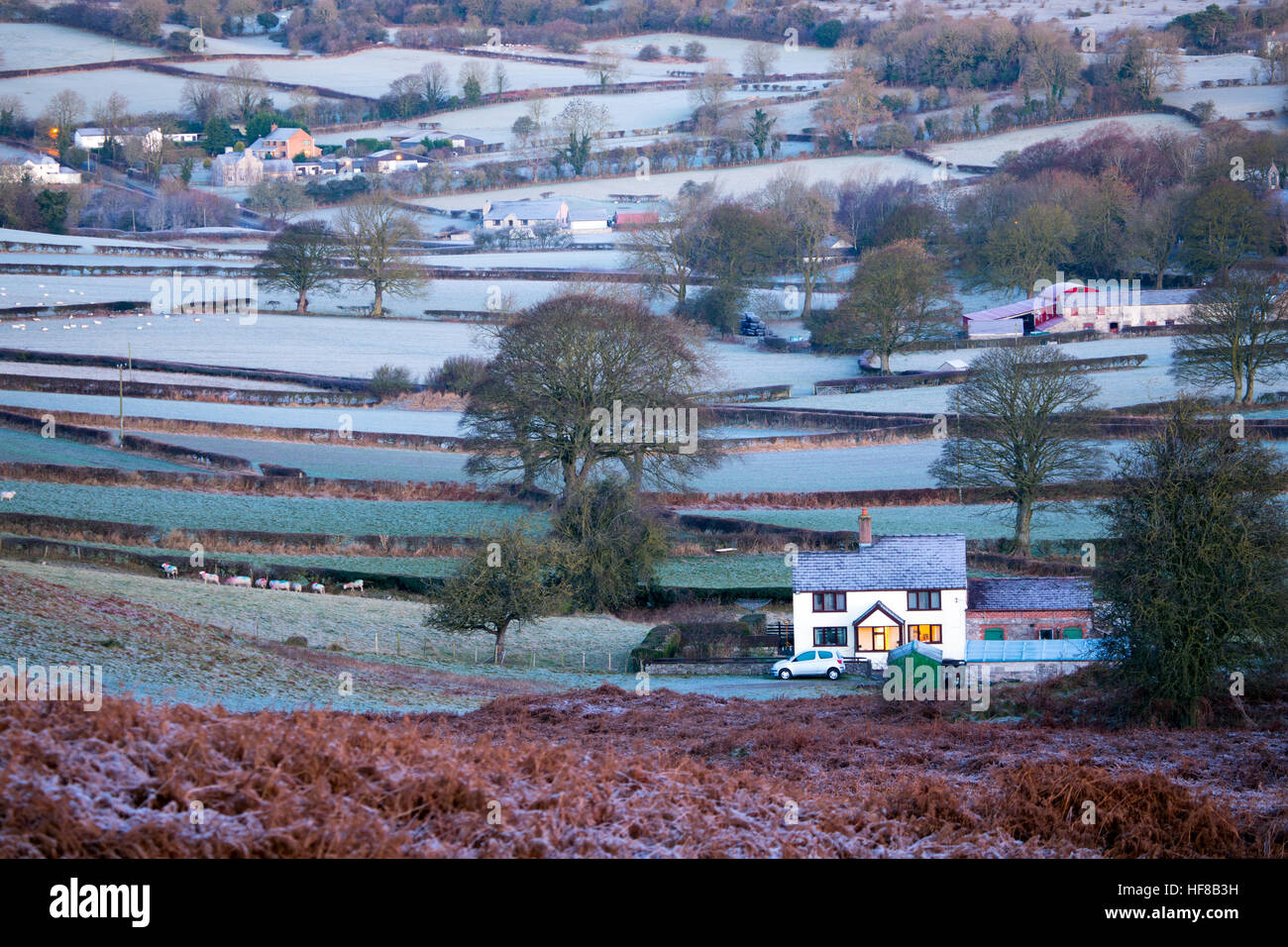 Une ferme entourée de champs couvert gelé dans le village de Rhes-Y-CAE, Flintshire, Pays de Galles, Royaume-Uni Banque D'Images