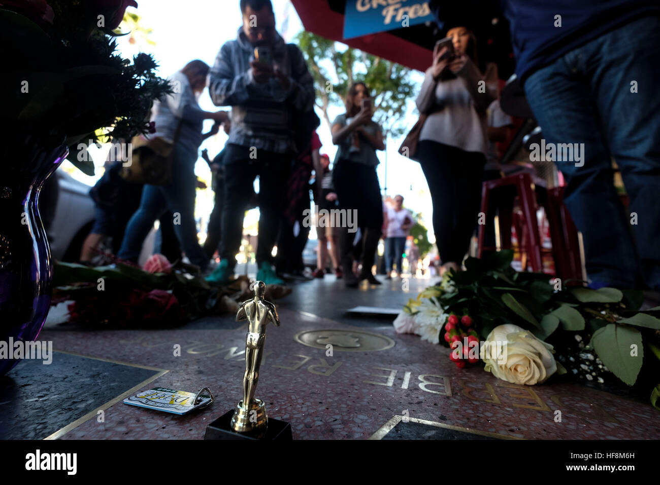 Los Angeles, USA. Dec 29, 2016. Fleurs entourent le Hollywood Walk of Fame star de Debbie Reynolds, à Los Angeles, Californie, États-Unis, le 29 décembre 2016. Hollywood star Debbie Reynolds est mort de course mercredi à l'âge de 84 ans, un jour après sa fille Carrie Fisher, la mort. L'actrice Carrie Fisher, mieux connue comme la princesse Leia dans La Guerre des étoiles, film de franchise, est mort à l'âge de 60 ans le mardi matin, après avoir subi une crise cardiaque sur un vol vendredi dernier. © Zhao Hanrong/Xinhua/Alamy Live News Banque D'Images