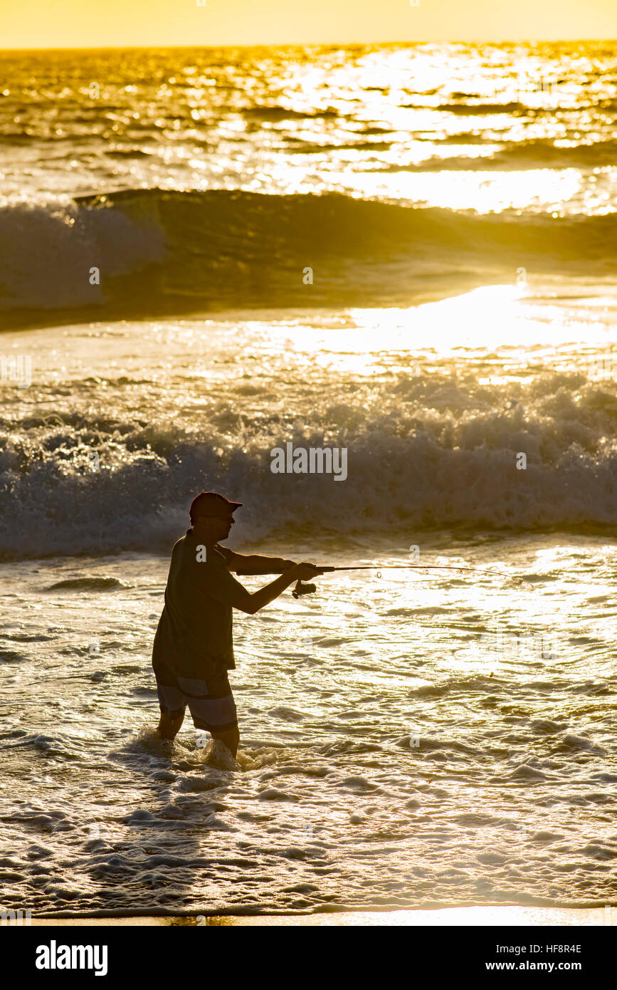 Un homme à la pêche dans une plage de Sydney tôt un matin d'été Banque D'Images