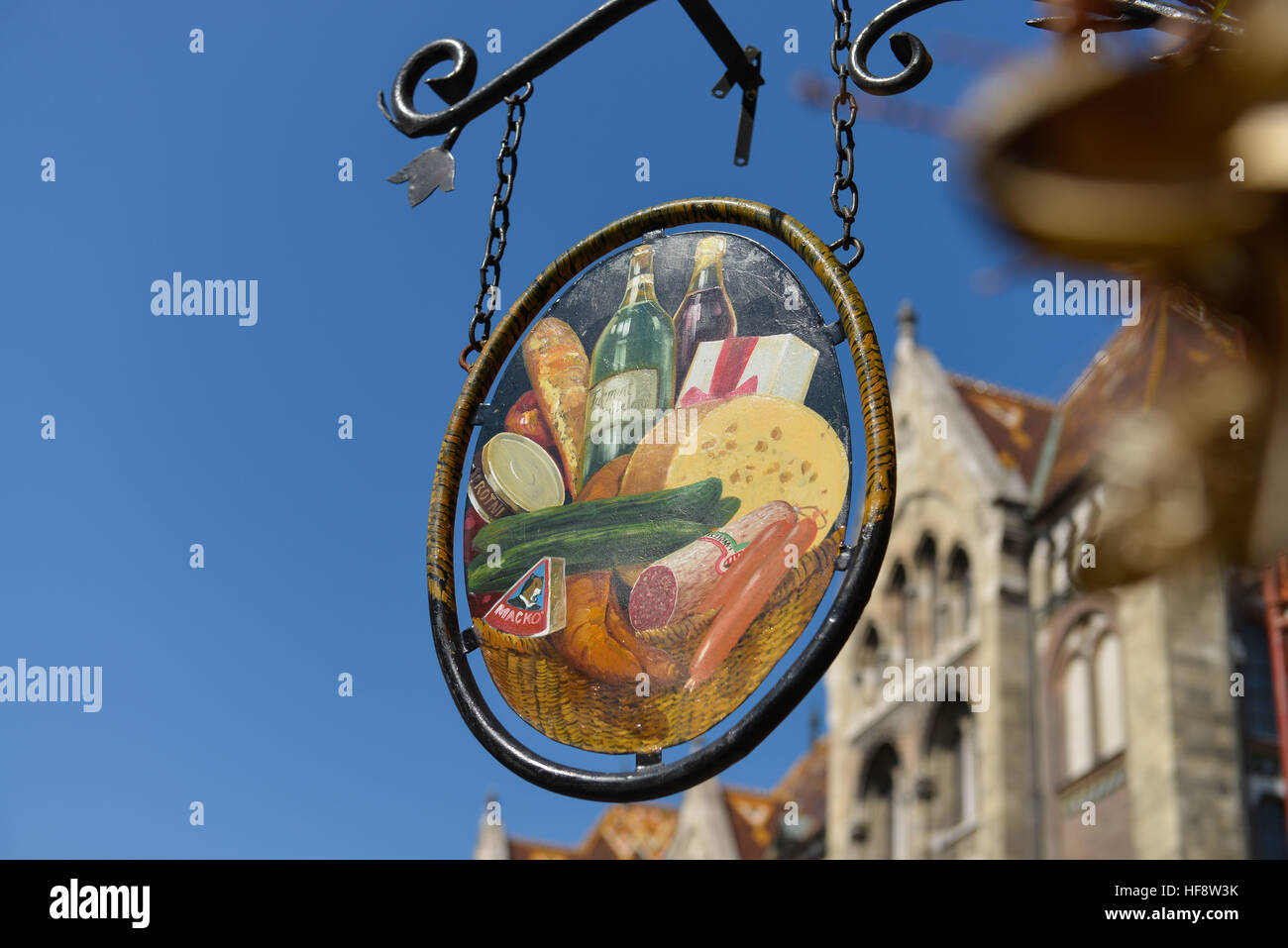 Aushaengeschild Bihlerdorf, Restaurant, Budapest, Hongrie, pancarte restaurant, Castle Mountain, hongrois Banque D'Images