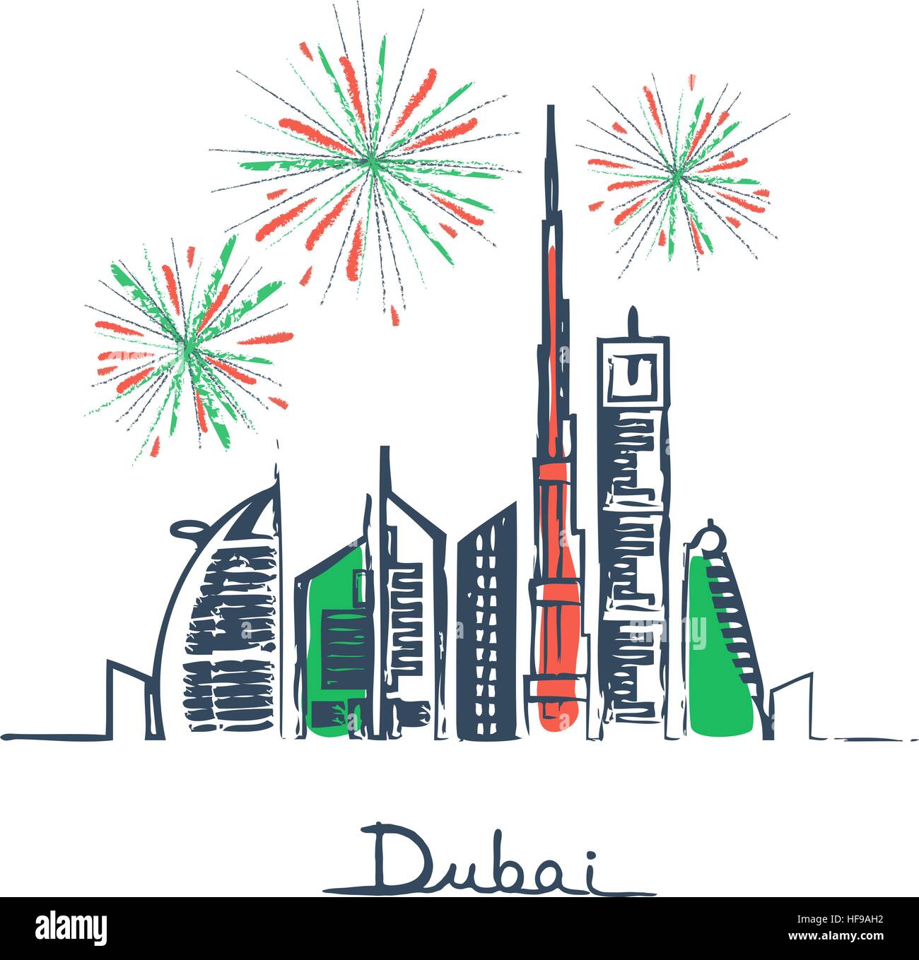 Dubaï cityscape with skyscrapers et points de repère et d'artifice dans le ciel vector illustration Illustration de Vecteur