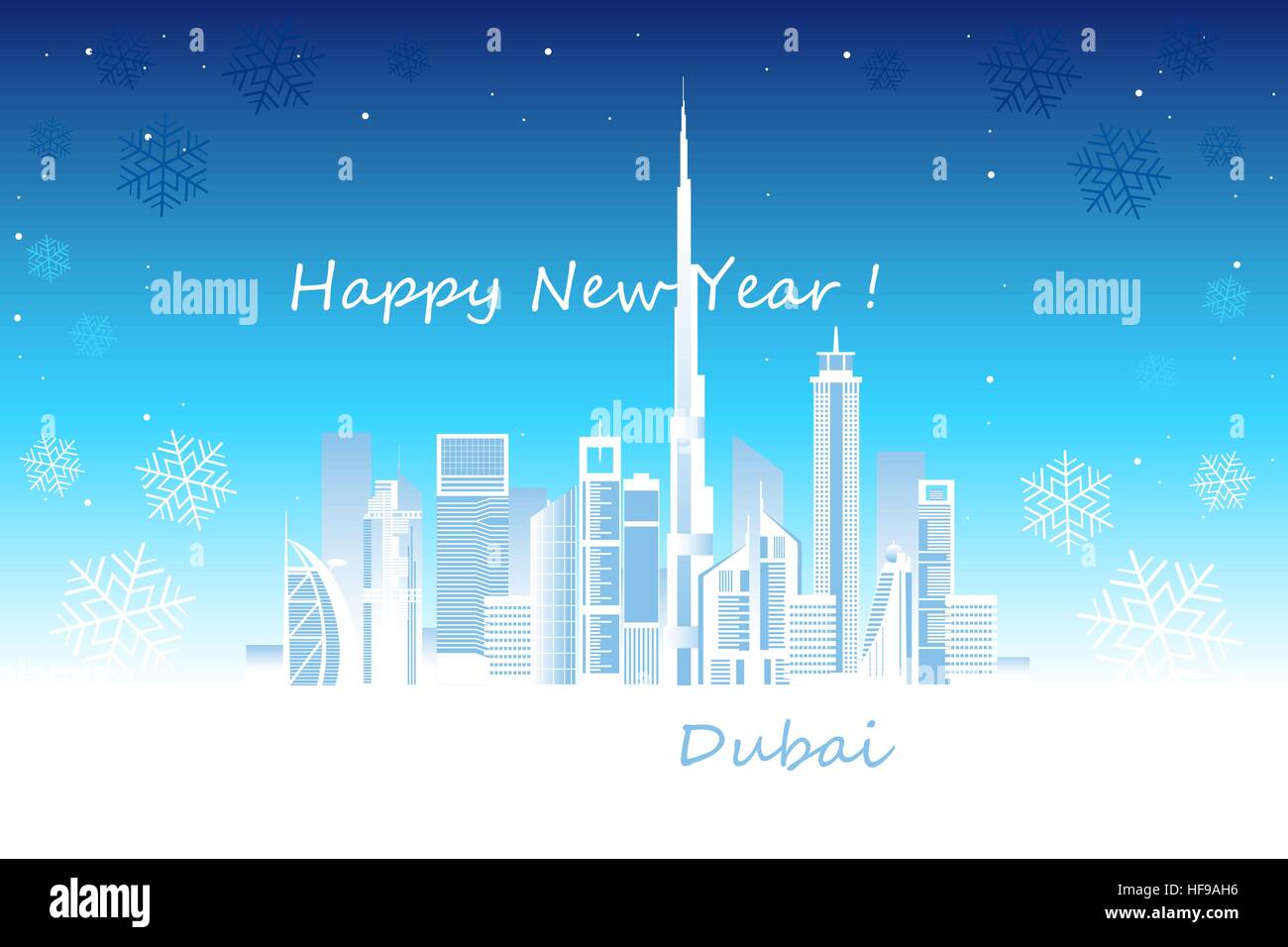 Dubaï cityscape with skyscrapers et points de repère, des flocons de neige et Bonne Année félicitations vector illustration Illustration de Vecteur