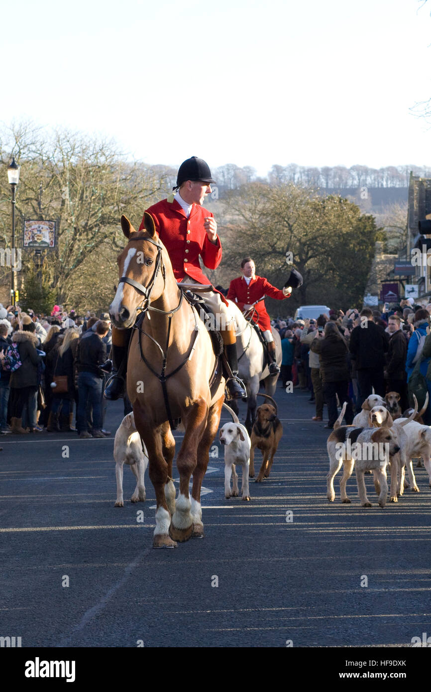 Chasseurs et chiens de chasse aux Cotswolds nord boxing day Banque D'Images