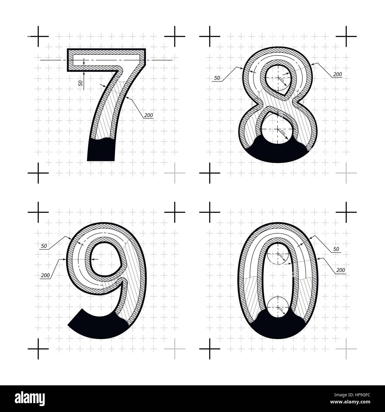 Croquis d'architecture de 7 890 lettres. Style plan police sur blanc. Illustration de Vecteur