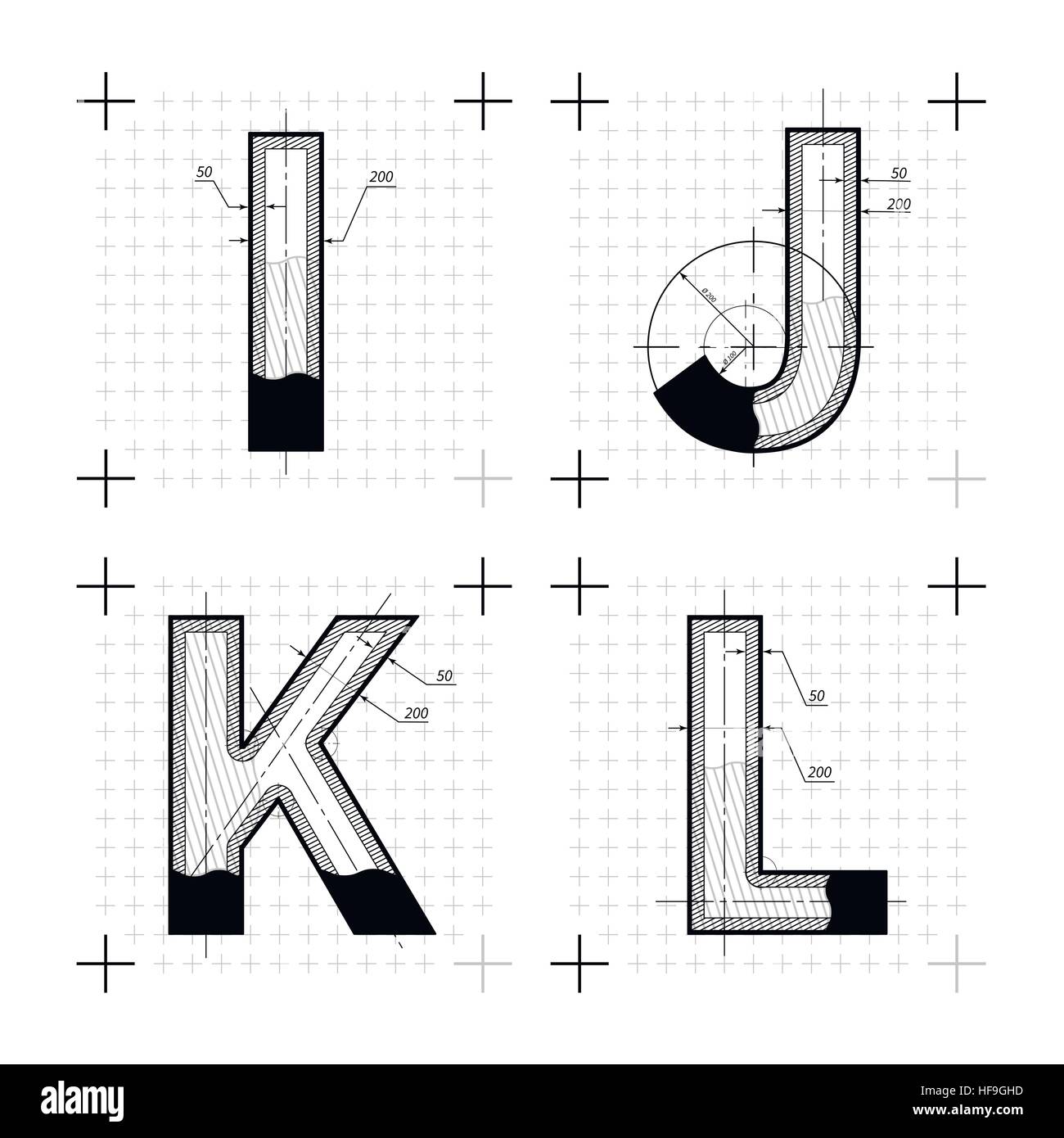 Croquis d'architecture de I J K L lettres. Style plan police sur blanc. Illustration de Vecteur