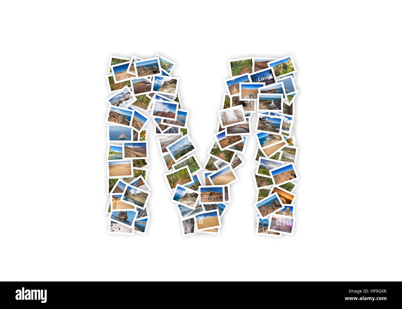 Lettre M majuscule alphabet forme police faite de collage mes meilleures photographies de paysages. La version 1. Banque D'Images
