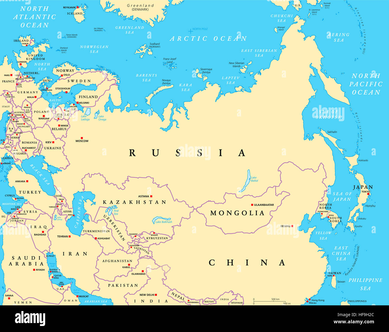 Carte politique de l'Eurasie avec les capitales et les frontières nationales. Parties combinées de la masse continentale de l'Europe et l'Asie. Banque D'Images