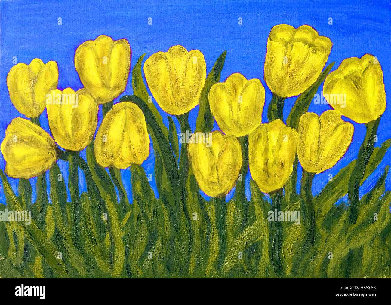 Photo peinte à la main, peinture à l'huile, tulipes jaune sur bleu ciel. Banque D'Images