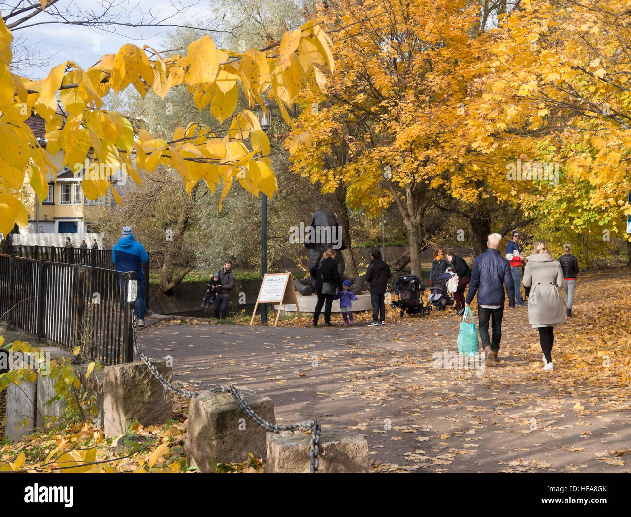 Dominant les rives du jaune de la rivière Akerselva sur un dimanche d'automne, une promenade en plein air populaires dans la région de Oslo Norvège Banque D'Images Dominant les rives du jaune de la rivière Akerselva sur un dimanche d'automne, une promenade en plein air populaires dans la région de Oslo Norvège Banque D'Images