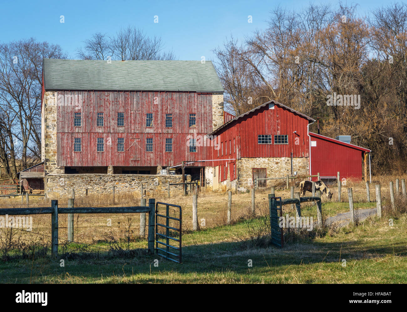 Typique d'un milieu rural de la Pennsylvanie grange construite en pierre et en bois. Red Barn peint Banque D'Images