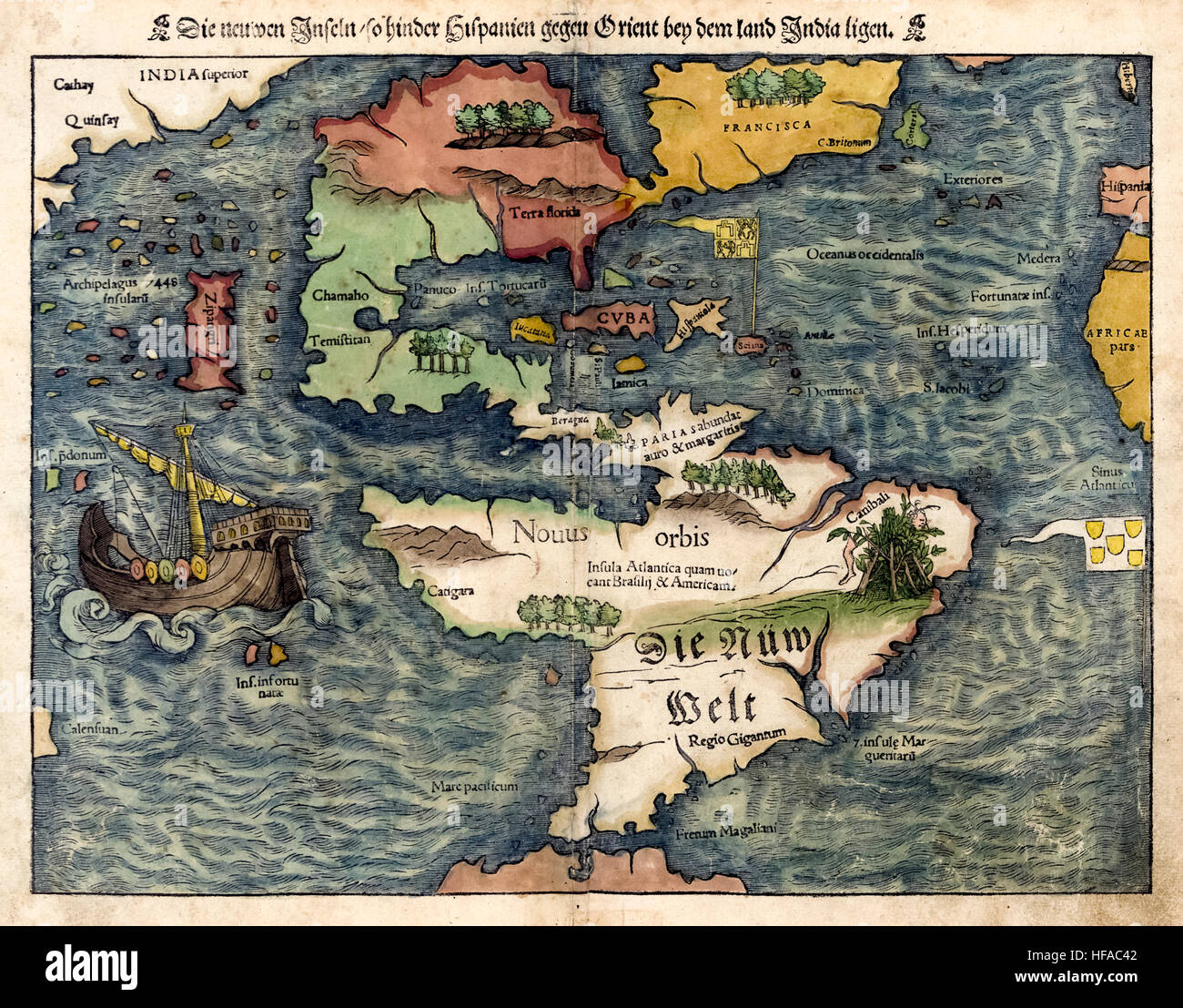 'Die neuwen 151, donc entraver Hispanien gegen dem bey Orient Inde terres ligen." main carte en couleur du monde nouveau par la cartographie allemand Sebastian Münster (1488-1552). À partir de son édition de la "Cosmographia de Ptolémée" le plus tôt l'Allemand description du monde avec la première référence à l'océan Pacifique et le Japon. Banque D'Images