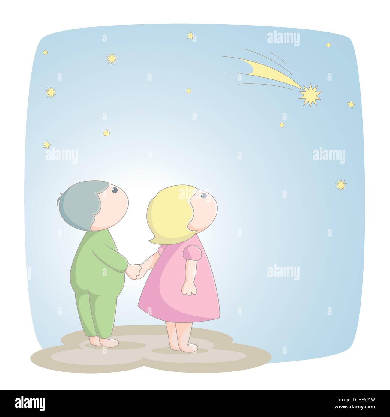 Deux enfants voir une étoile filante Illustration de Vecteur
