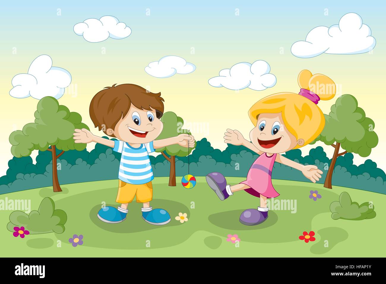 Deux enfants jouant sur une prairie Illustration de Vecteur