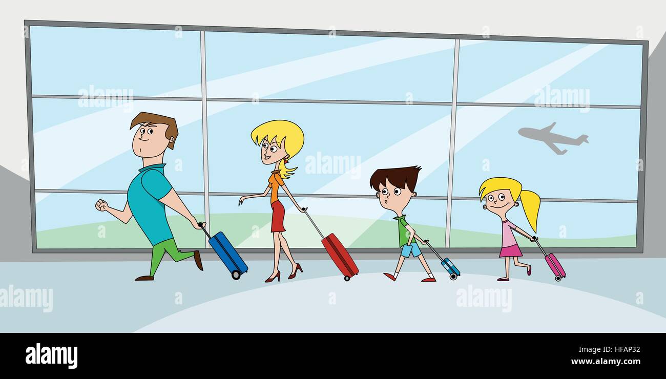 Famille avec des valises à l'aéroport. Illustration de Vecteur