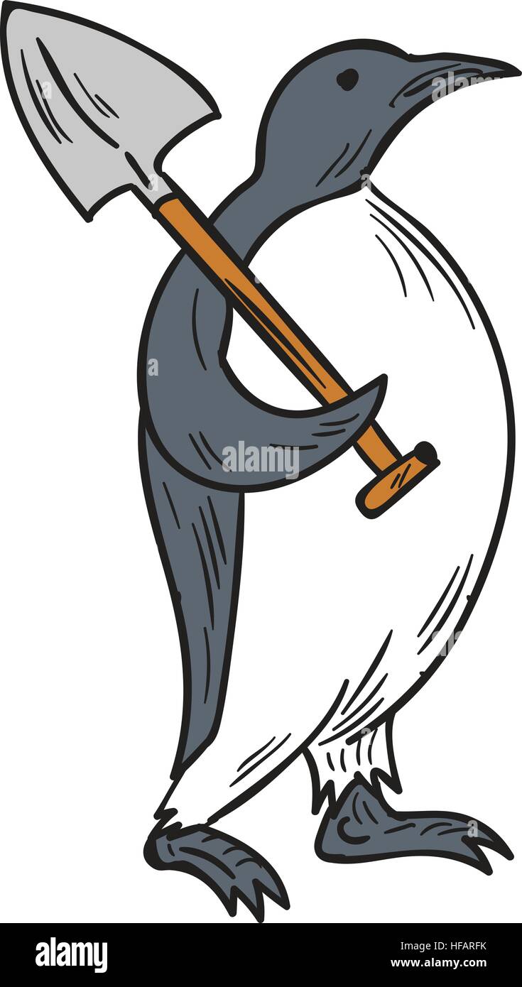 Style croquis dessin illustration d'un manchot empereur holding shovel sur l'épaule depuis le côté isolé sur fond blanc. Illustration de Vecteur