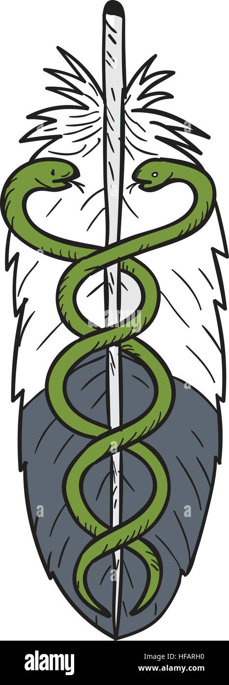 Style croquis dessin illustration d'un serpent médicaux interdépendants dans Eagle Feather vue de l'avant ensemble isolées sur fond blanc. Illustration de Vecteur