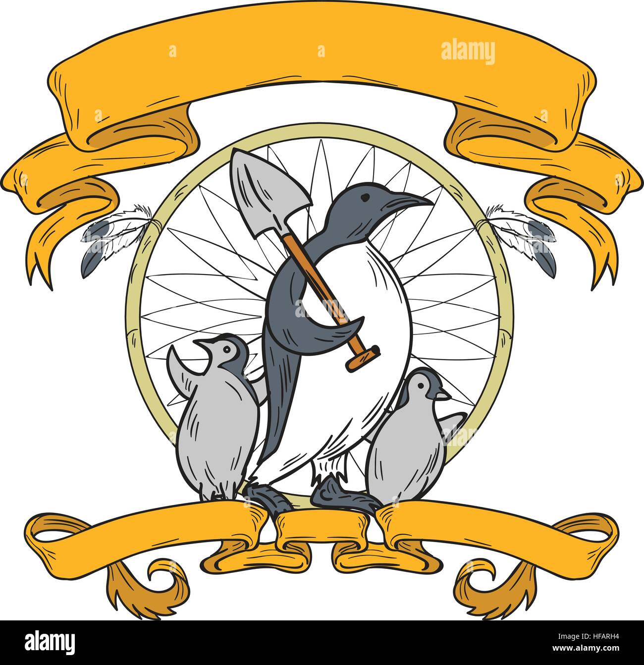 Croquis dessin illustration de style d'un pingouin holding shovel sur l'épaule avec bébé pingouin poussins à la recherche sur le côté isolé sur blanc backgroun Illustration de Vecteur