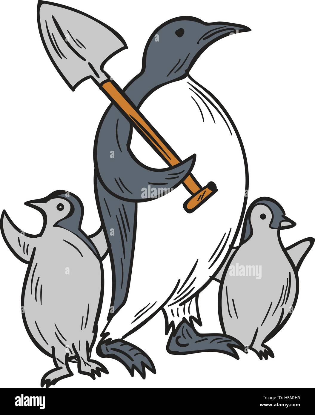 Croquis dessin illustration de style d'un pingouin holding shovel sur l'épaule avec bébé pingouin poussins à la recherche sur le côté isolé sur blanc backgroun Illustration de Vecteur