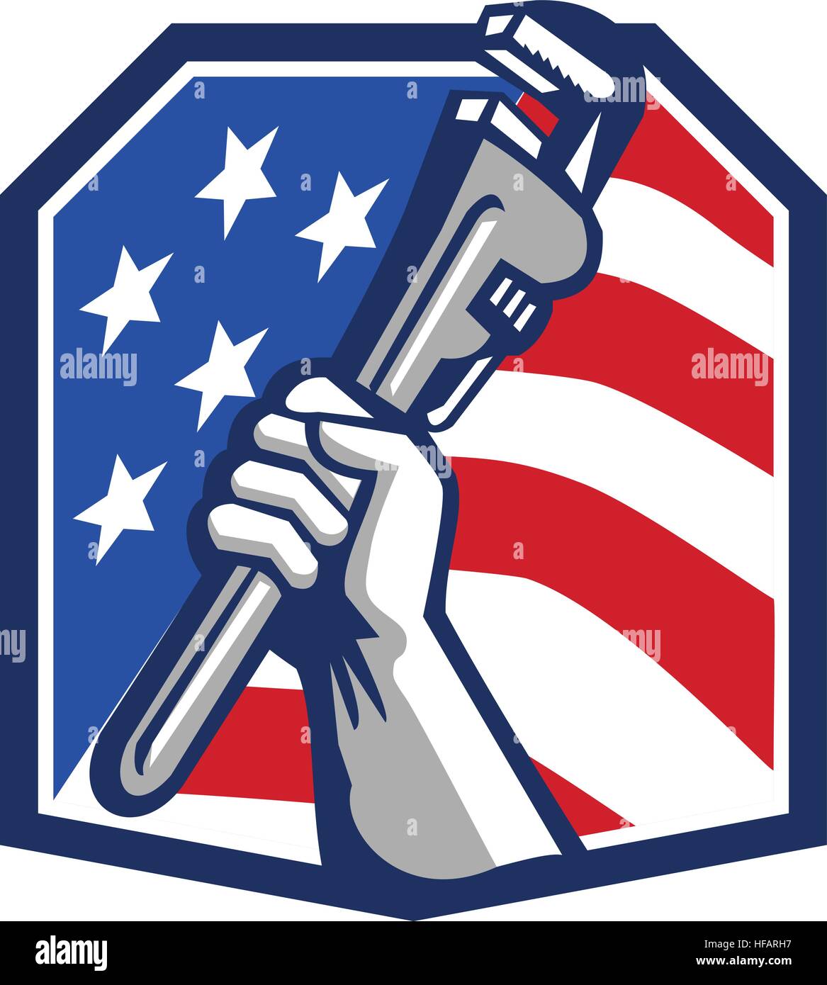 Illustration d'une clé à tuyau réglable serrant la main vu du côté situé à l'intérieur du bouclier heptagone crest forme avec usa stars and stripes Illustration de Vecteur