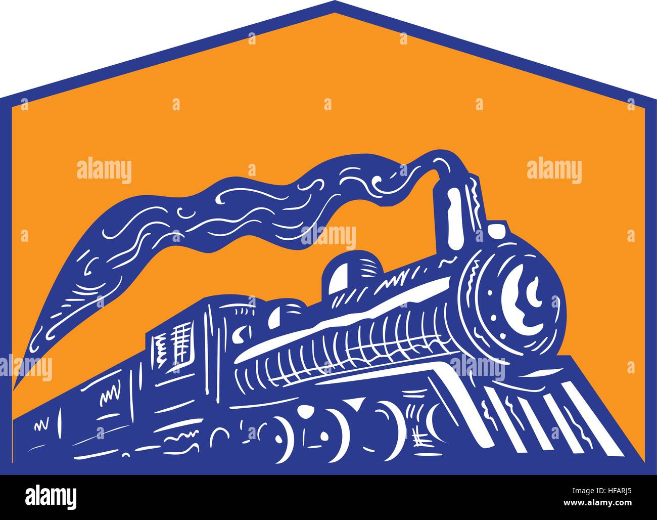 Illustration d'un train à vapeur locomotive venant d'arriver vu de l'ensemble de l'angle faible à l'intérieur de la crête du bouclier sur fond isolé fait en style rétro. Illustration de Vecteur