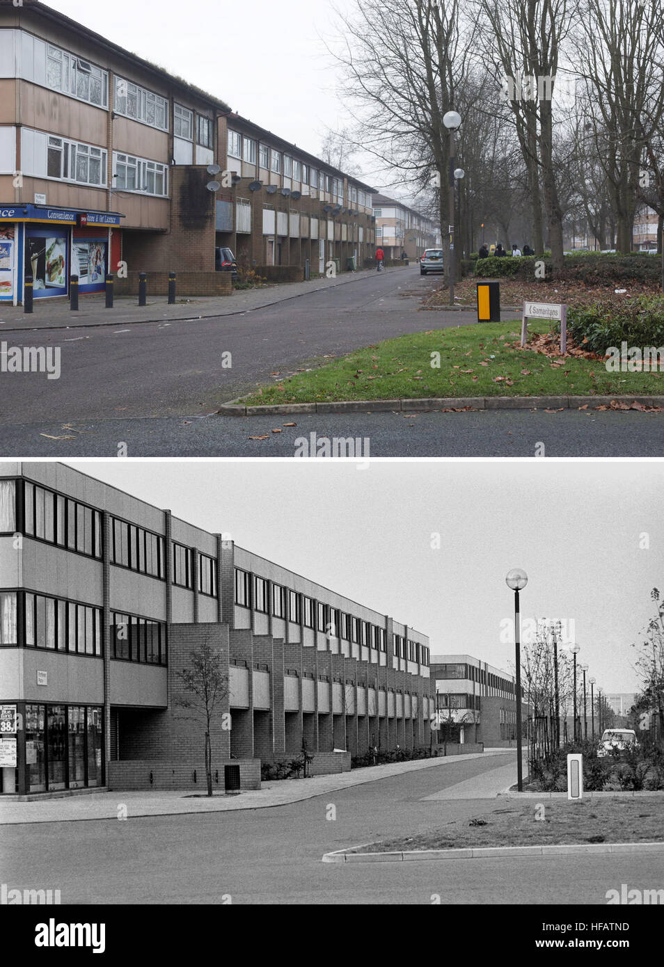Vue générale du lieu de Porthleven à Milton Keynes (en haut), et la même scène en 1980, comme la ville célébrera son 50e anniversaire en 2017. Banque D'Images
