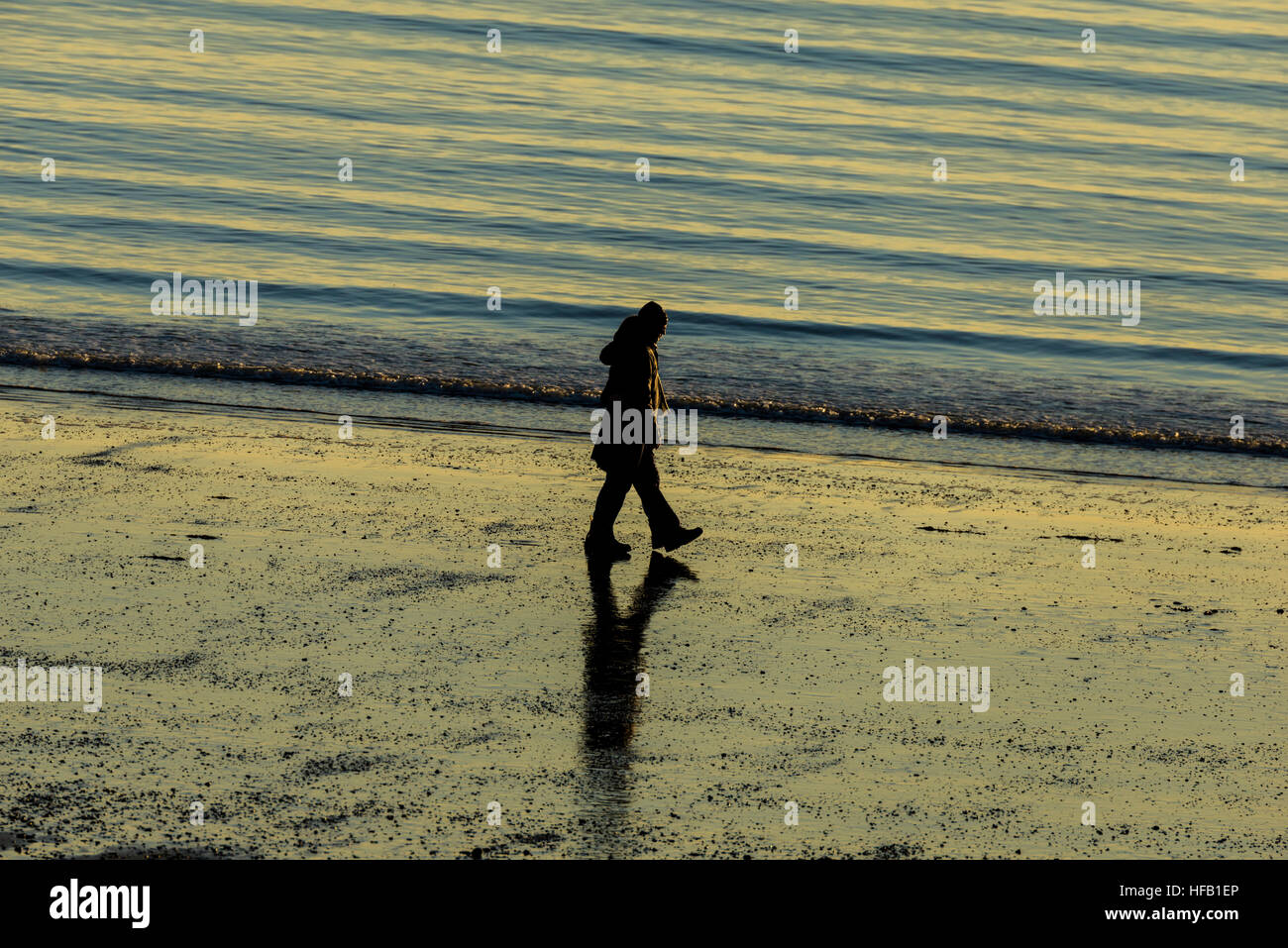 Plage de Criccieth. marcher. silhouette. coucher du soleil.Le nord du Pays de Galles UK Banque D'Images