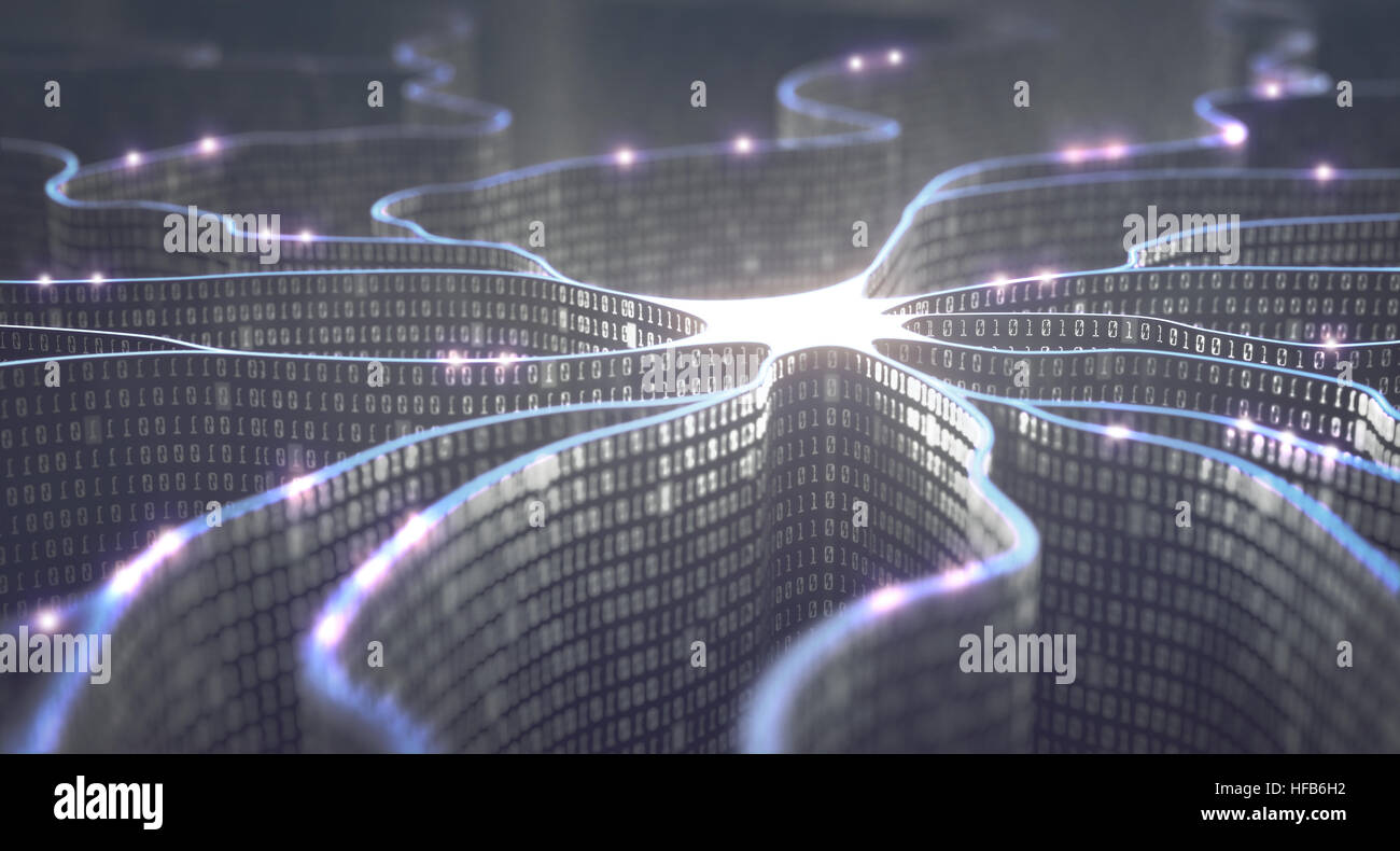Neurone artificiel dans le concept de l'intelligence artificielle. En forme de mur binary codes faire les lignes de transmission d'impulsions. Banque D'Images