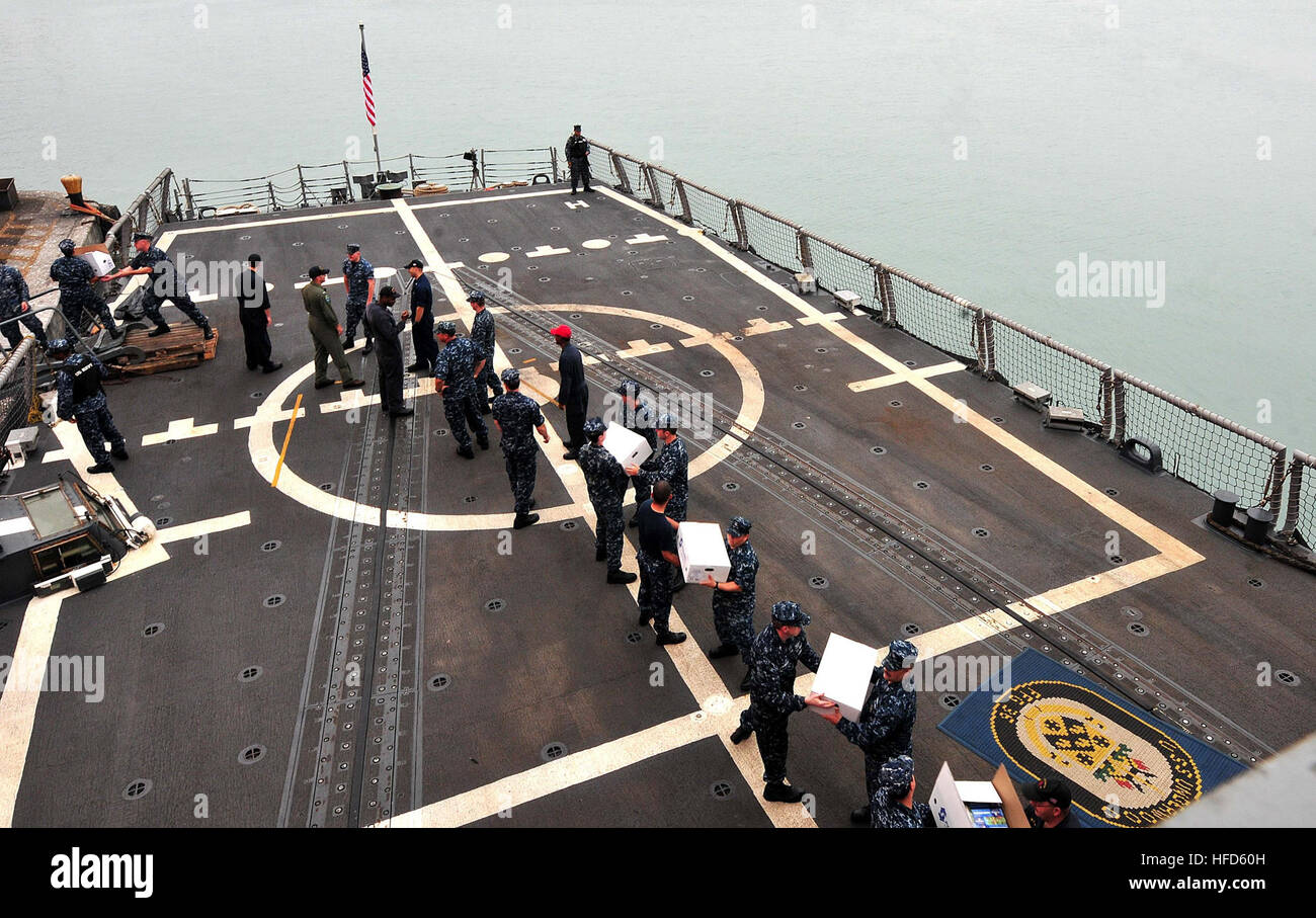 Marins dans un groupe de travail a faire sur les magasins pour réapprovisionner la classe Oliver Hazard Perry frégate lance-missiles USS Underwood après avoir tiré dans le port de Callao, au Pérou, au cours de UNITAS pacifique. Underwood est représentant la Marine américaine au cours d'UNITAS CIP et est déployée à l'Amérique centrale et du Sud et Caraïbes Mers du Sud 2012 à l'appui. (U.S. Photo par marine Spécialiste de la communication de masse Seaman Frank J. Pikul) Southern Seas 120524-N-ZE938-185 Banque D'Images