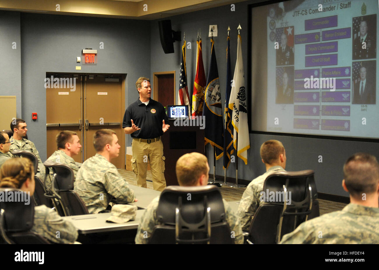 Rick George, chef du centre de contrôle de la communication conjointe de la Force opérationnelle de l'aide aux civils, traite de la mission de l'unité à l'Université du Tennessee Air Force Reserve Officer Training Corps cadets pendant leur visite ici le 20 mars 2014. Plus de 20 cadets ont reçu une mission brève et a pris un tour du bâtiment du siège dans le cadre de leur printemps 2014 Hampton Roads tour de base. La FOI-AC prévoit, planifie et prépare pour l'industrie chimique, biologique, radiologique, nucléaire et le soutien de la défense de l'autorité civile (NRBC-DSCA) des opérations d'intervention. Quand on le lui demande, la FOI-AC envoie la commande et le contrôle de la défense f Banque D'Images