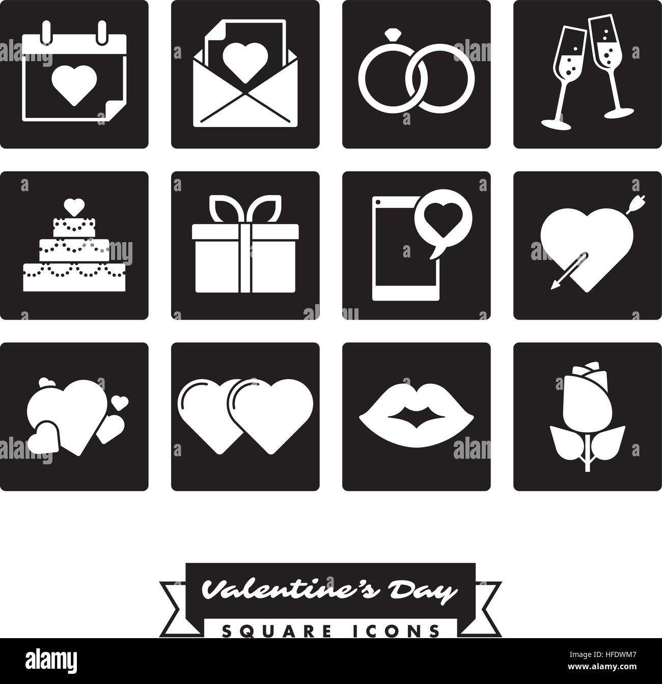 Ensemble de douze Jour de Valentines, amour et romantisme noir carré des icônes Illustration de Vecteur