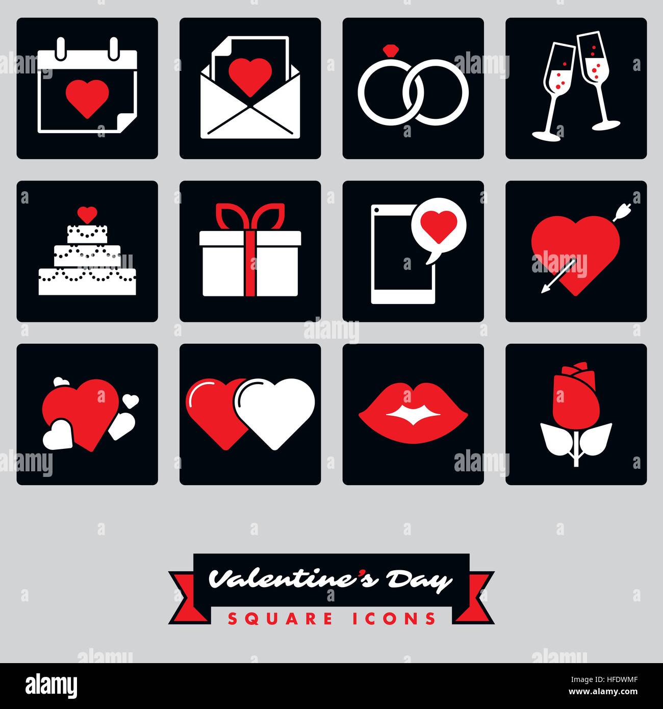 Ensemble de douze Valentines Day, l'amour et la Romance de la place des icônes en noir et blanc avec accent de couleur rouge Illustration de Vecteur
