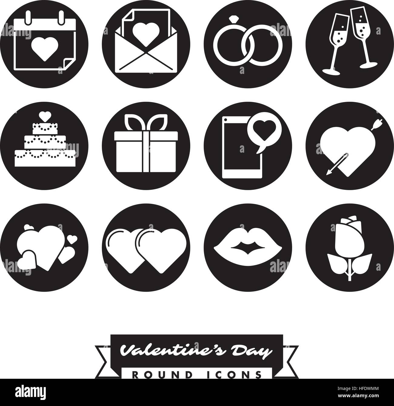Ensemble de douze Jour de Valentines, Amour et romance ronde connexes Icônes noires Illustration de Vecteur