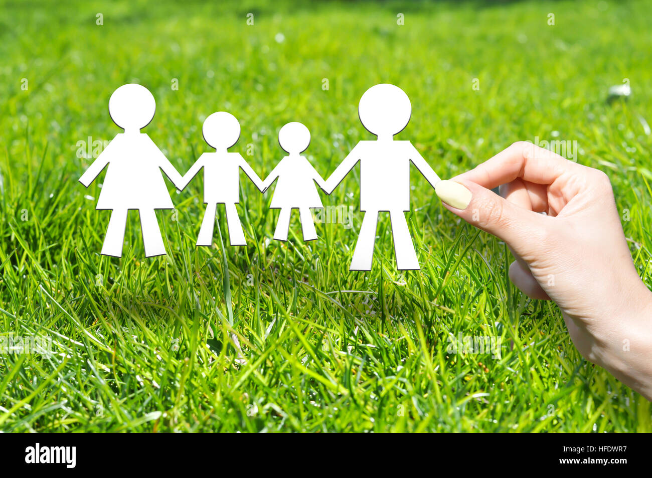 Concept d'assurance de la famille avec la famille en carton on Green grass Banque D'Images