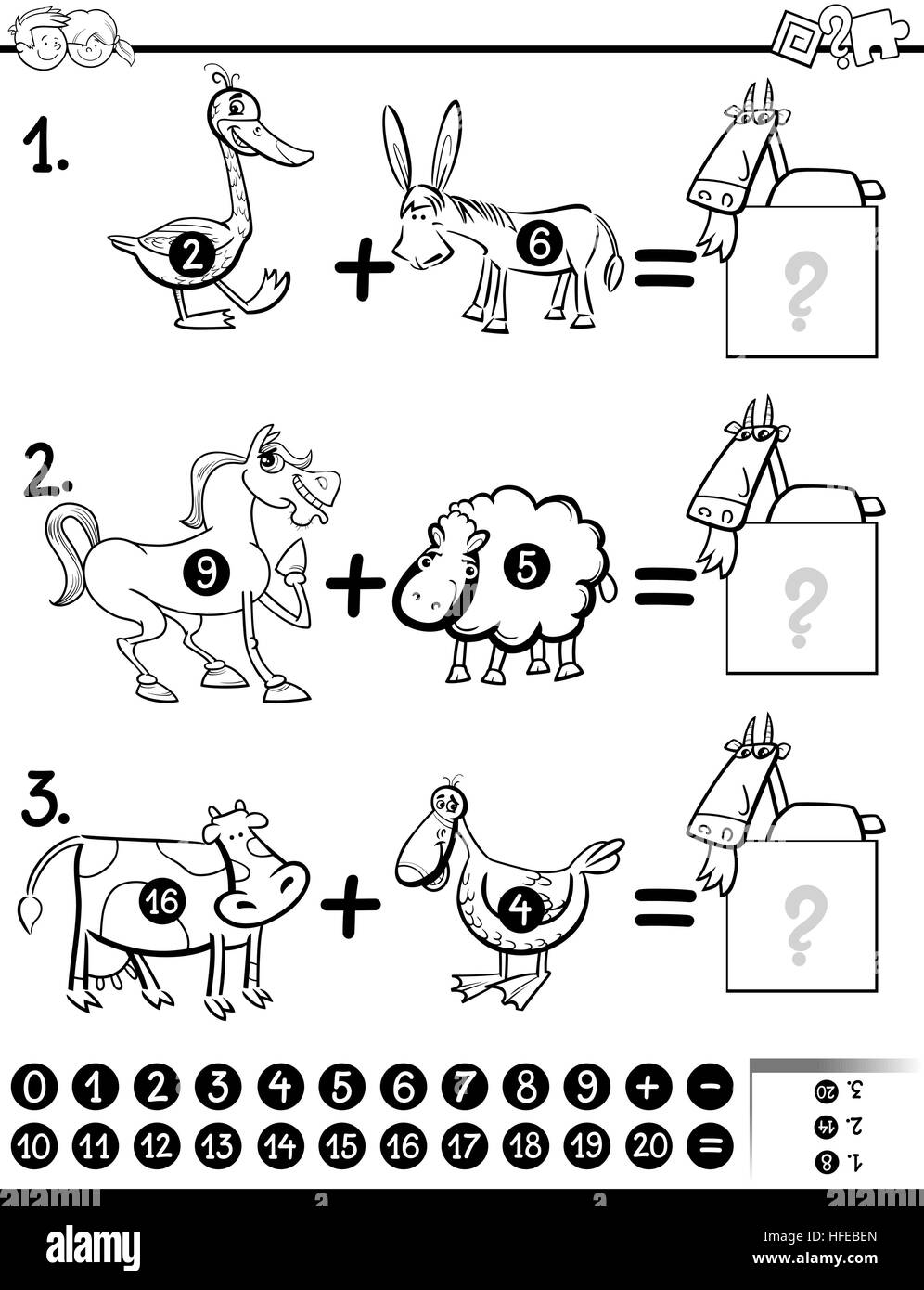 Cartoon noir et blanc Illustration de mathématique de l'éducation outre Activité pour enfants avec des caractères des animaux de ferme à colorier Illustration de Vecteur