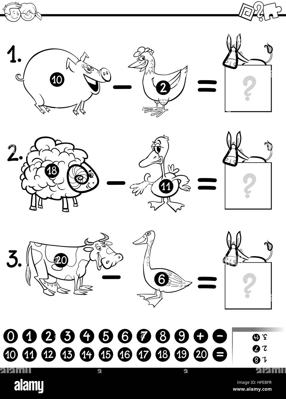 Cartoon noir et blanc Illustration de l'activité d'enseignement de la soustraction mathématique jeu pour les enfants avec des caractères des animaux de ferme à colorier Illustration de Vecteur