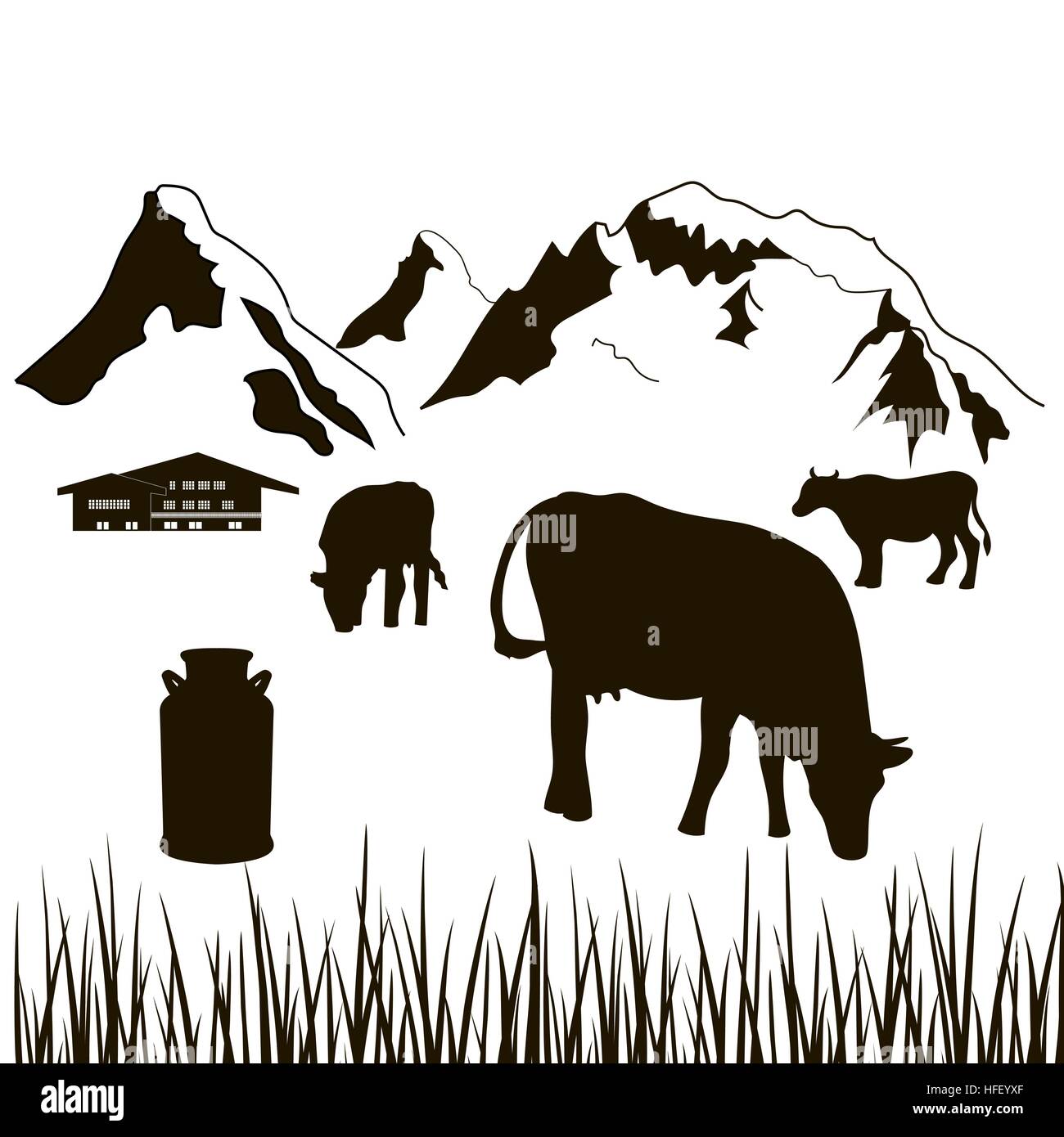 Les vaches, le lait peut, maison sur un fond de montagnes Illustration de Vecteur