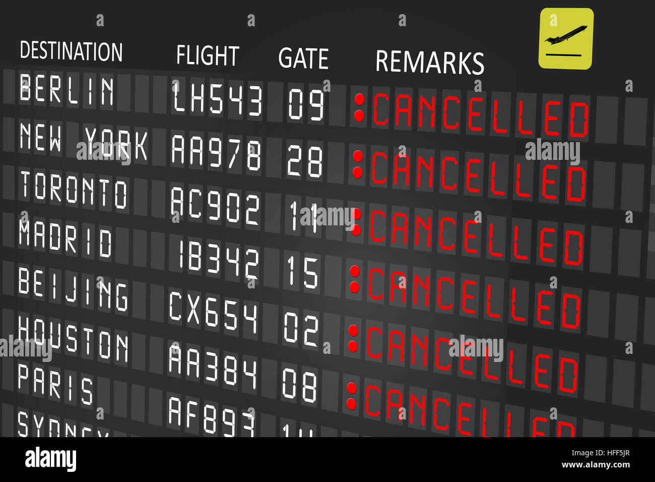 Panneau d'affichage de l'aéroport avec des vols annulés Banque D'Images