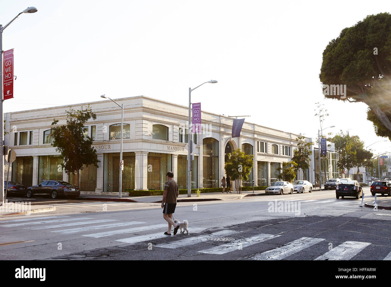 Man Walking dog sur route sur Melrose Avenue Los Angeles Banque D'Images