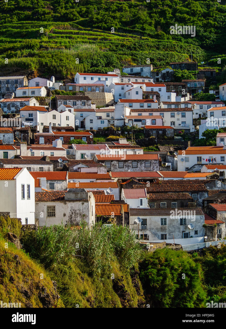 Portugal, Azores, Corvo, vue de la Vila do Corvo. Banque D'Images