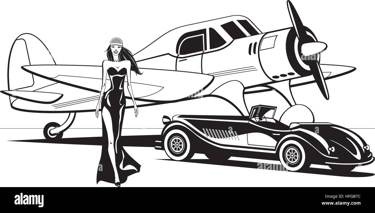 Movie star avec avion rétro et classic car - vector illustration Illustration de Vecteur