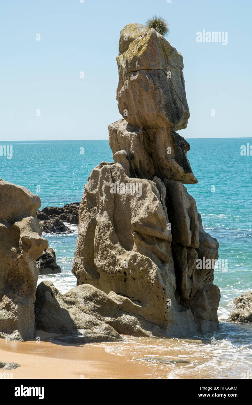 Les affleurements rocheux et les aiguilles diviser les plages dorées de Anapai baie à l'océan Pacifique dans la région de parc national Abel Tasman. Banque D'Images