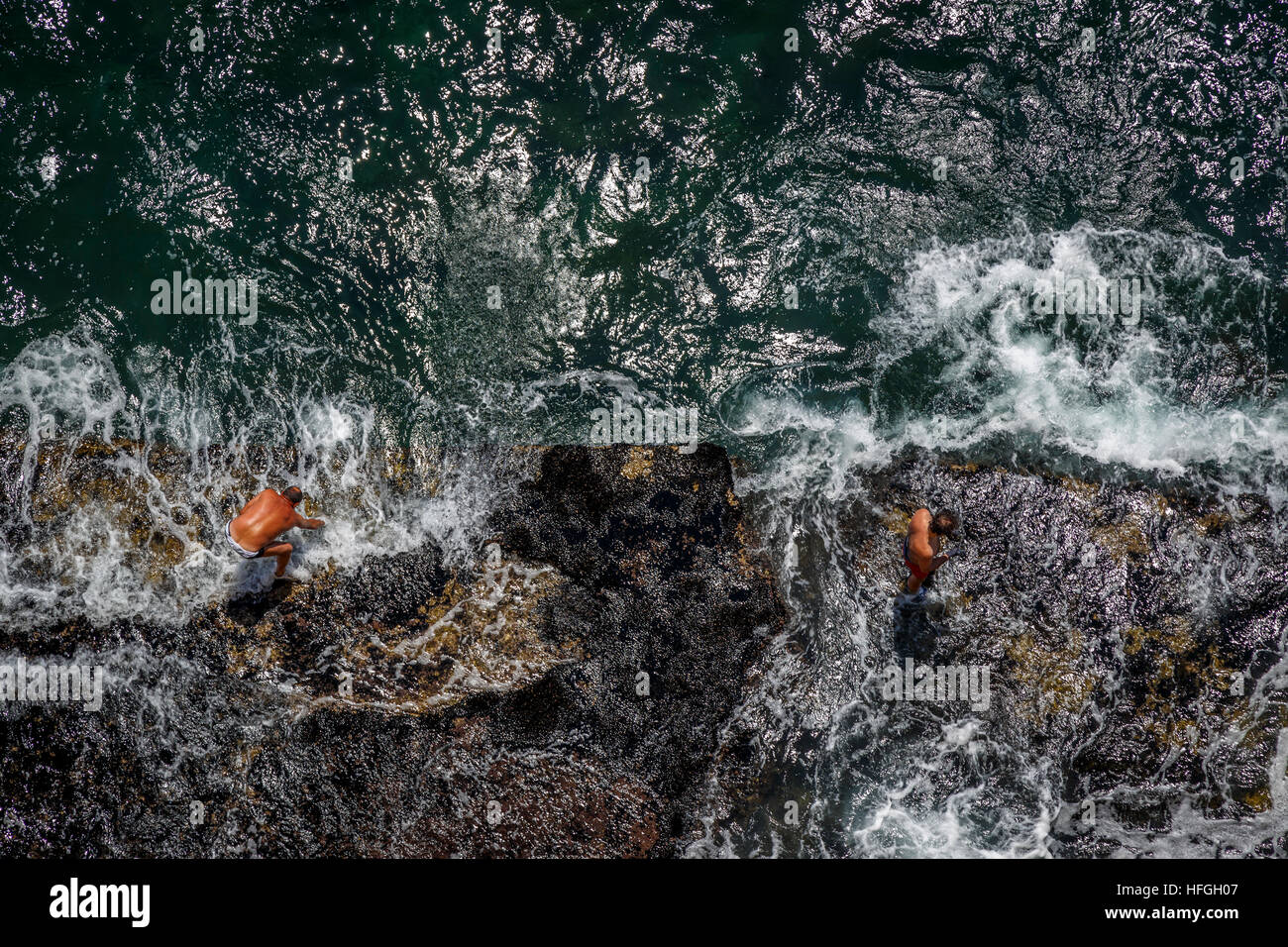 La récolte des coquillages sur la côte rocheuse de la baie de Naples, Campanie, Italie. Banque D'Images