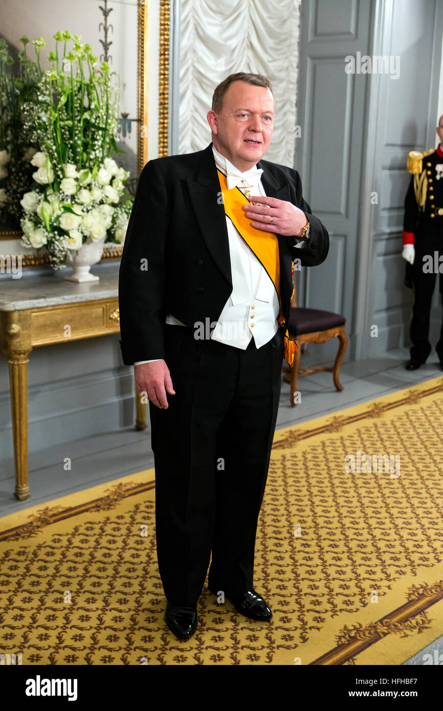 Copenhague, Danemark. 06Th Jan, 2017. Le premier ministre danois Lars Lokke Rasmussen arrive à la Reine Margrethe de Danemark a réception du Nouvel An à Amalienborg à Copenhague. © OJPHOTOS/Alamy Live News Banque D'Images