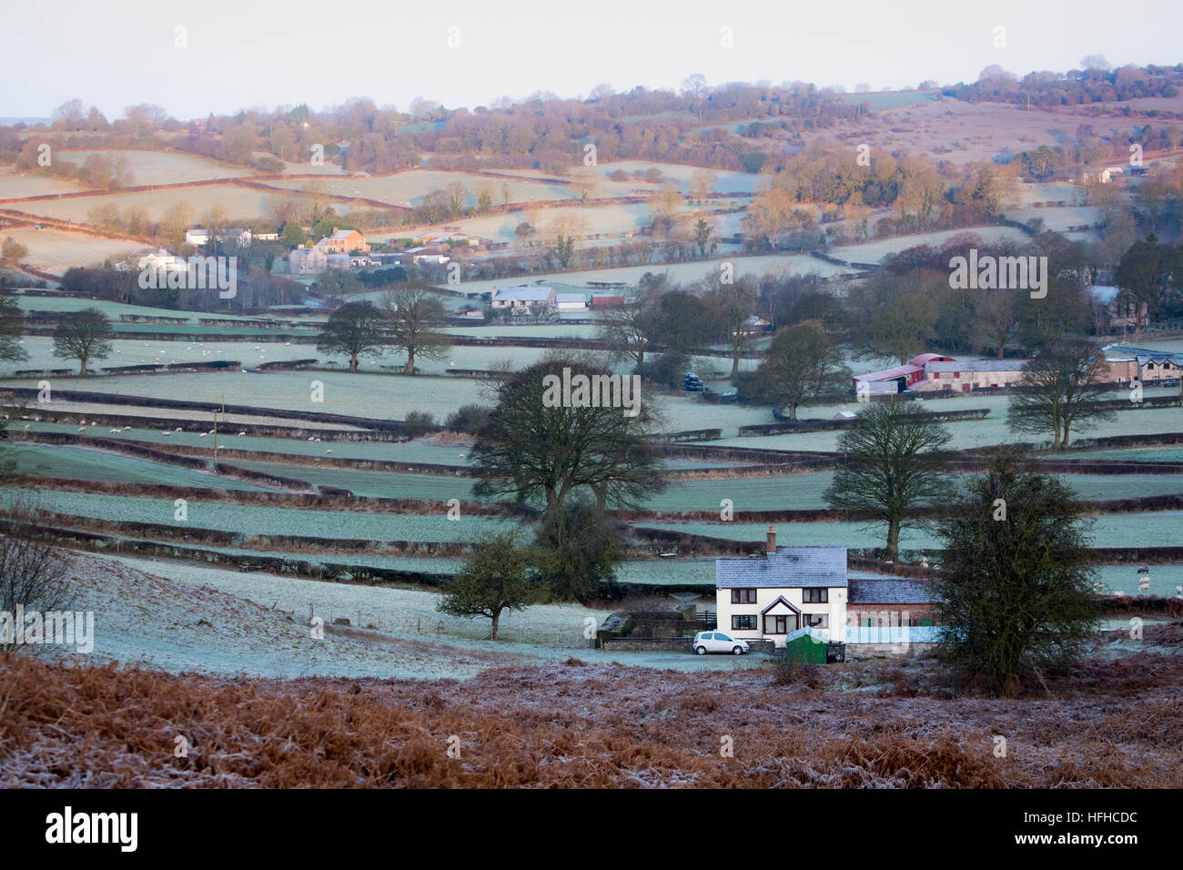 Une ferme entourée de champs couvert gelé dans le village de Rhes-Y-CAE, Flintshire, Pays de Galles, Royaume-Uni Banque D'Images