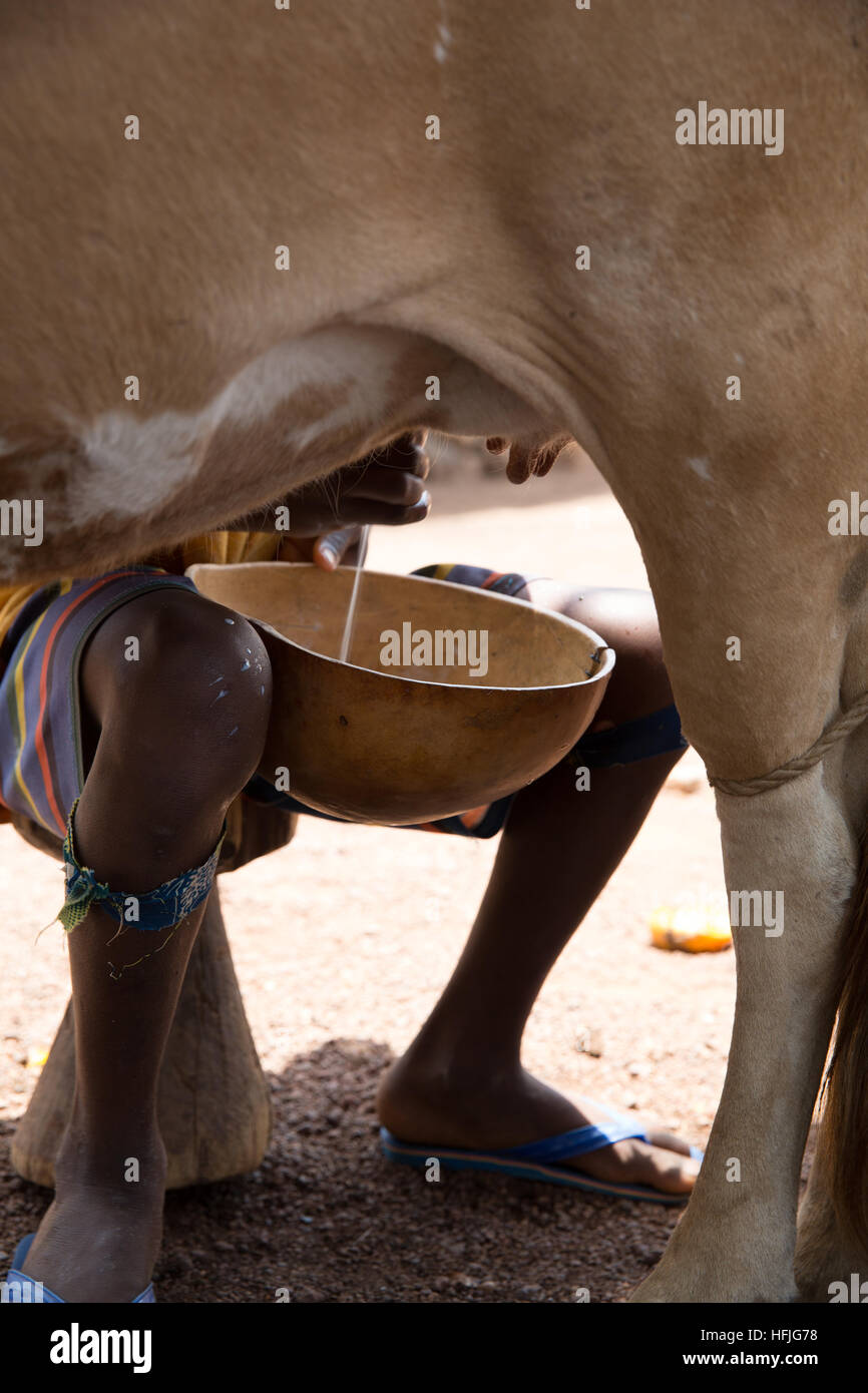 Koumban village, Guinée, 2 mai 2015 ; ce domaine est au-dessus du niveau proposé du barrage de Fomi et devront prendre au personnes déplacées. A 12 ans bo Banque D'Images