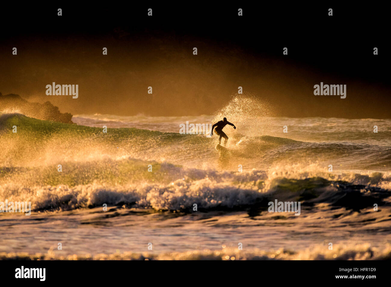 Un surfeur conduit une vague sauvage lors d'un coucher du soleil doré à la plage de Fistral, Newquay en Cornouailles. Surfer en action. UK. Banque D'Images