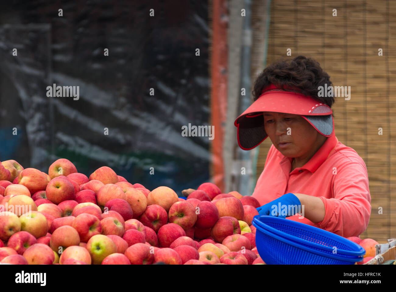 Vendeur Apple à l'aide de l'arrière d'un camion à Busan, Corée du Sud. Banque D'Images