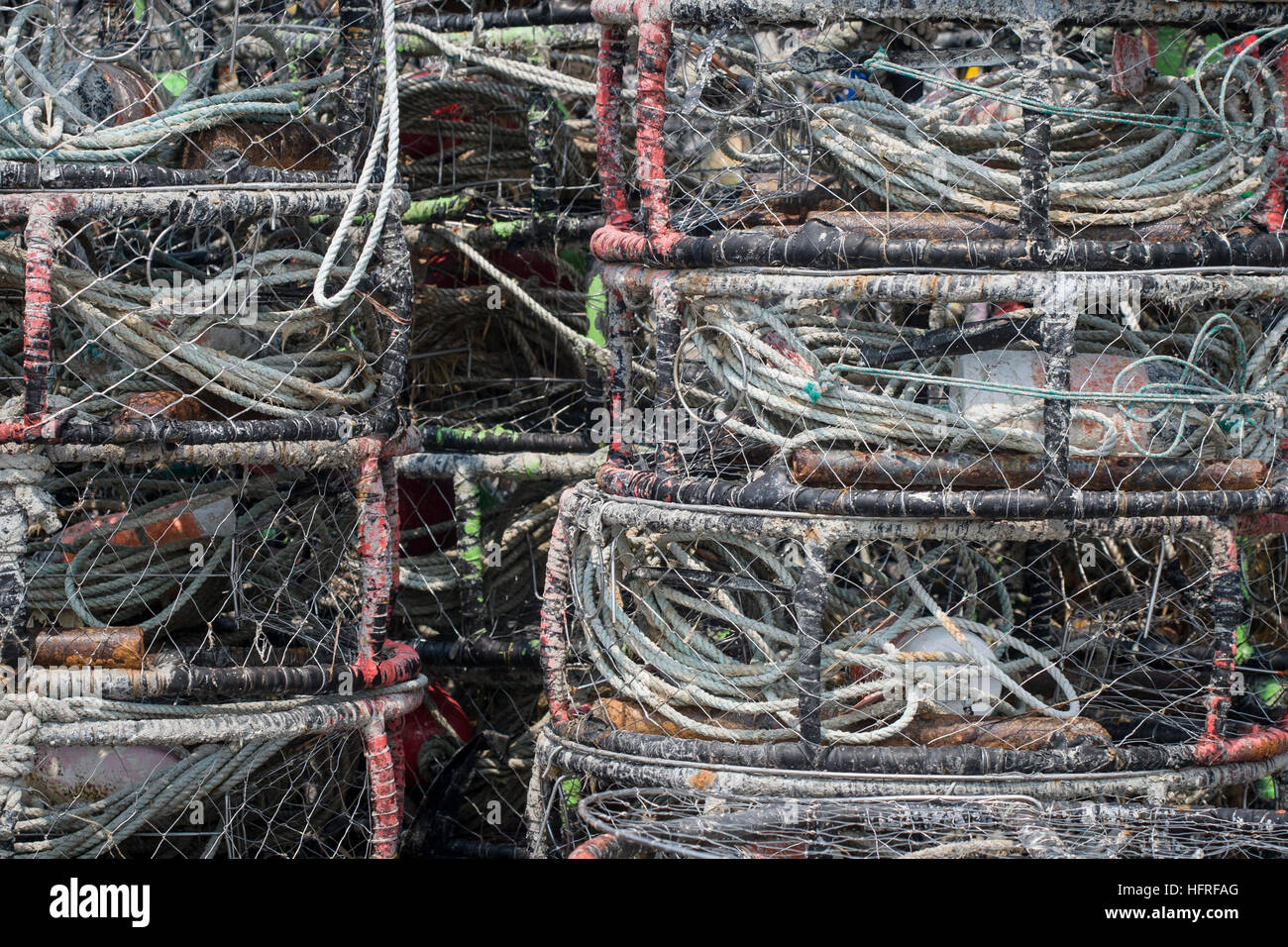 Des piles de casiers à crabe dungenous sur la côte de l'Oregon. Banque D'Images