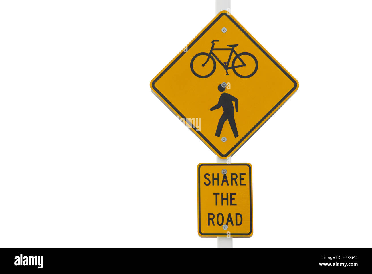 Partagez la route signer avec l'image du stick figure réseau piétonnier et cyclable sur un carré orange jaune isolé sur fond blanc signe presentat horizontale Banque D'Images