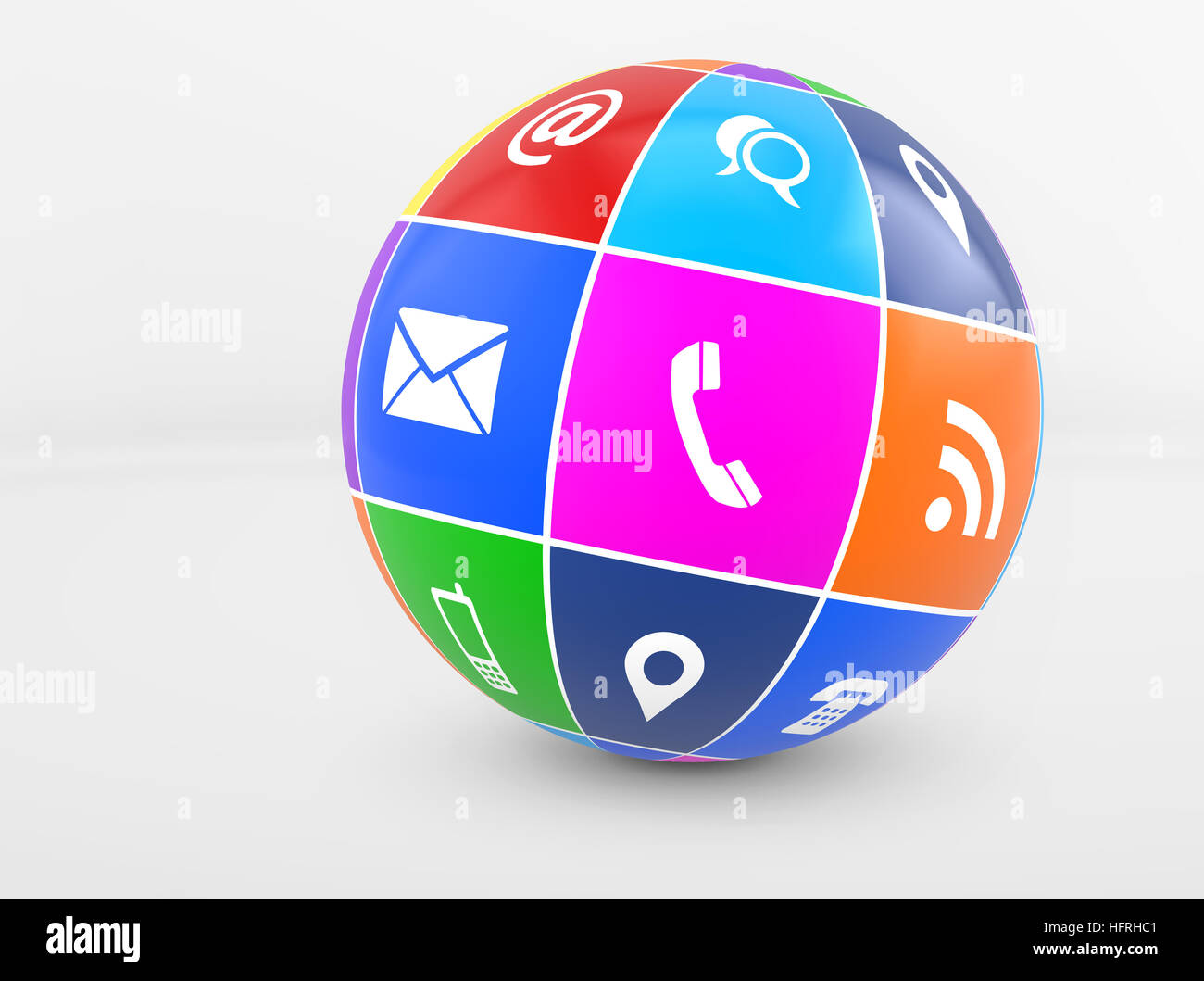 Contactez-nous web icônes et symboles de connexion en ligne sur un globe. Banque D'Images